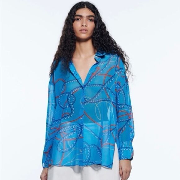 Zara Tops - Zara Blue Nautical Oversized Button Down Blouse Medium